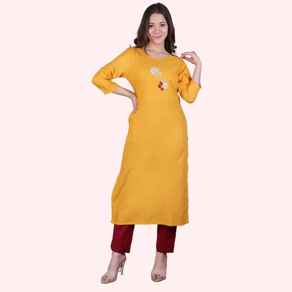 Light Yellow Color Kurti Long Embroidered with Yellow Design  Minu Fashions